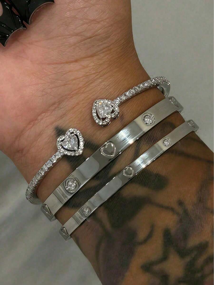 Bộ vòng tay hình trái tim bằng thép không gỉ mạ vàng 18K đính kim cương, vòng tay hở bằng vàng 14K đính đá Cubic Zirconia, phụ kiện thời trang đeo hàng ngày, quà tặng ngày lễ cho phụ nữ. - Bạc - Xem 1