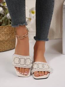 Rhinestone Embellished Slip-On Sandals, Lightweight Flat Mules, Glitter Slides, Comfortable Beach Slippers For Women, Plus Size - Beige - View 4