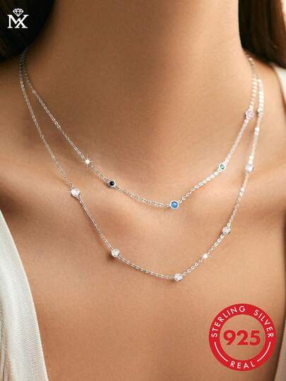 SYMFNY 1件925纯银个性化双层彩色立方氧化锆星空项链，适合女性日常佩戴、约会和送礼。