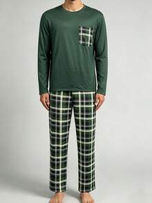 Men's Plaid Print Crew Neck Pullover Top & Pants Pajama Set, Lightweight, Casual & Comfortable, Spring/Autumn, Winter Clothes - Green - View 4