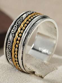 Women's Hammered Texture Vintage Bohemian Wide Face Design Ring, Durable Everyday And Thanksgiving Gift, Decorative Jewelry - Multicolor - View 9