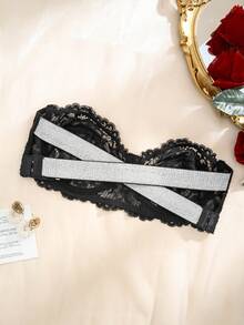 Women's Strapless Lace Patchwork Criss-Cross Back Design Bandeau Bra - Black - View 7
