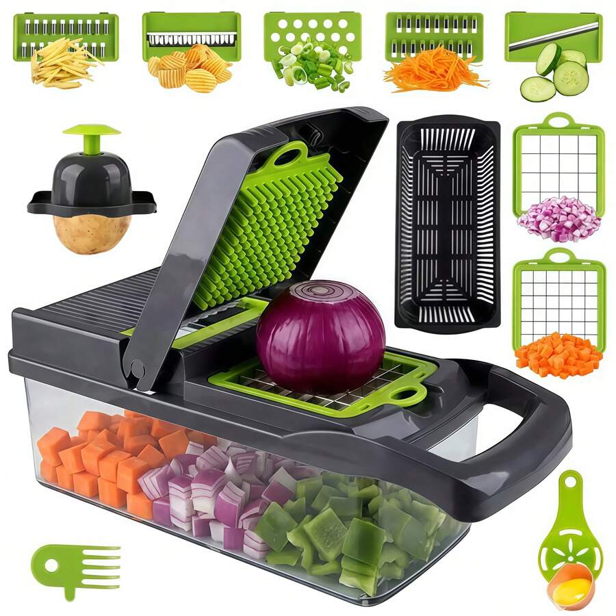 Bộ 14 món dụng cụ thái và cắt rau củ đa năng, máy xay thực phẩm nhà bếp kèm phễu, rổ và dụng cụ tách lòng trắng trứng, máy cắt rau củ dễ vệ sinh, có thể rửa bằng máy rửa chén.