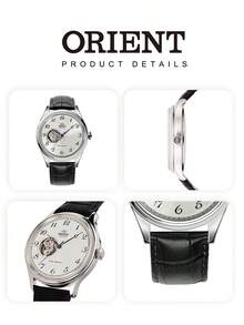 Orient 男士自动机械腕表，银色镂空表盘，白色阿拉伯数字时标，蓝钢指针，黑色皮表带，自动上链 | 经典绅士正装腕表 | 男士商务结婚礼物 - 黑帶白盤 - 查看 5