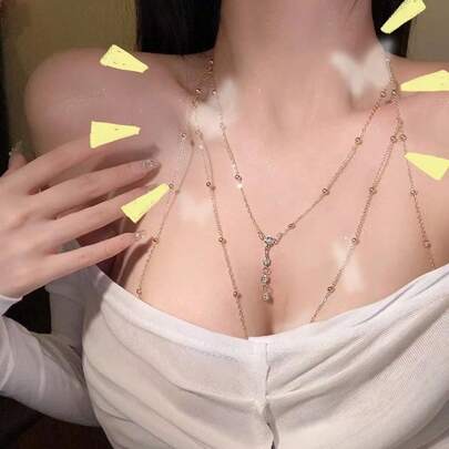 女士银色多层串珠身体链吊带，Y2K哥特朋克胸链，可调节多层肩链，性感身体饰品，适合内衣、约会之夜、派对、节日、锐舞派对，可爱原宿风时尚配饰