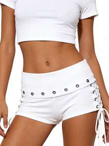 Y2k Shorts For Women High Waisted Fold Over Lace Up Side Stretchy Mini Booty Short Y2K Rave Club Party Concert Summer - White - View 3