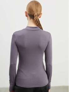Women's Long Sleeve Bodysuit Mock Neck Slim Fit Basic Stretch Top Finger Detail Blouse - Grey - View 4