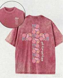 Summer Tops2026Christian Washed T-Shirt, Jesus, Faith, Floral Cross Pattern T-Shirt "Walk By Faith Not By Sight","Jesus Is Coming Soon", Religious Ele - 玫紅色 - 查看 8