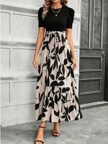 Women's Printed Maxi Dress Short Puff Sleeve Crew Neck Tie Waist Casual Long Dress For Daily Wear Party - 黑色 - 查看 5