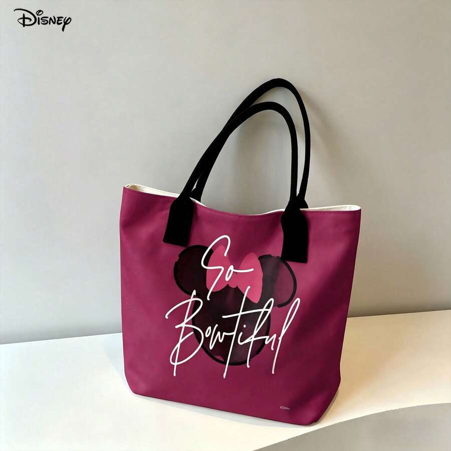 Miniso 迪士尼米妮帆布手提袋，可爱“So Beautiful”印花单肩包，日常使用 - 黑色 - 查看 1