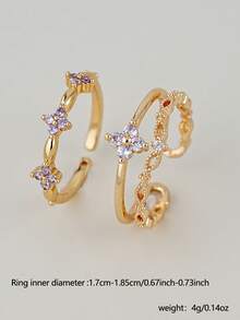 2pcs Cubic Zirconia Clover Rings Set, Elegant Sparkling Rings For Women, Suitable For Daily Wear, Dates, Parties, Holidays Gift - Yellow Gold - View 2