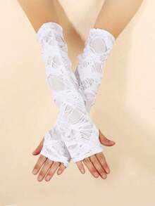 1pair Women's Distressed Long Fingerless Gloves For Everyday And Party Use Halloween Summer - 灰色 - 查看 6
