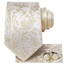 Bộ cà vạt nam màu be sâm panh họa tiết Paisley Eiffel - Bao gồm khăn cài túi áo, khuy măng sét và kẹp cà vạt vàng, thích hợp cho các dịp trang trọng. - Rượu sâm banh - Xem 3