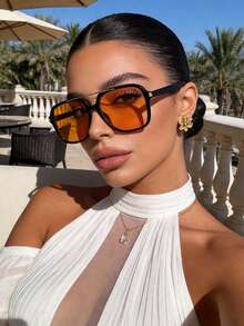 1 Pair Oversized Double Bridge Aviator Glasses, European And American Style Double Bridge Metal Aviator Glasses For Women, Outdoor Travel Exclusive Beach Accessory, Street Style Pose Glasses - Orange - View 3