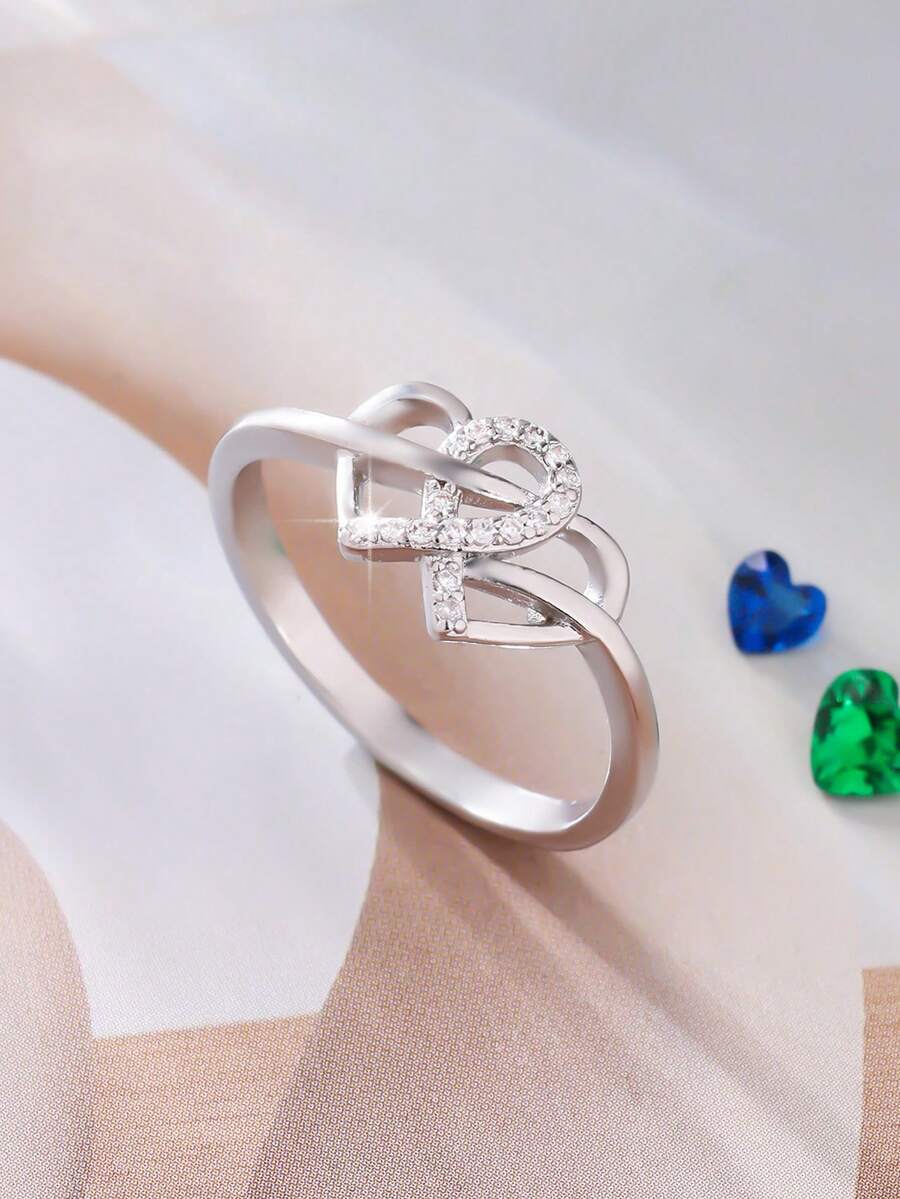 1 chiếc nhẫn hình trái tim thanh lịch, lãng mạn, đính đá Cubic Zirconia, kiểu dáng thời trang, đa năng, phù hợp cho phụ nữ đeo hàng ngày, kỷ niệm, dự tiệc, họp mặt và các dịp đặc biệt. - Bạc - Xem 1