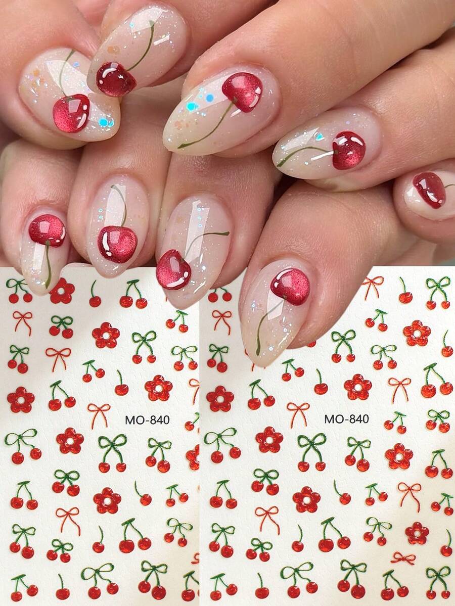 Cute Cherry Nail Art Stickers With Rhinestone Design 5D Nail Decals, Suitable For Children, Women, Girls DIY Nail Art - Multicolor - View 1