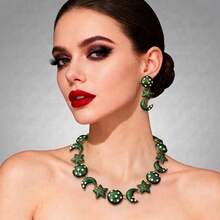1 Set de Pendientes y Collar Vintage Retro con Estrella y Luna, Conjunto de Joyas de Diseño Único - Verde - Ver 3