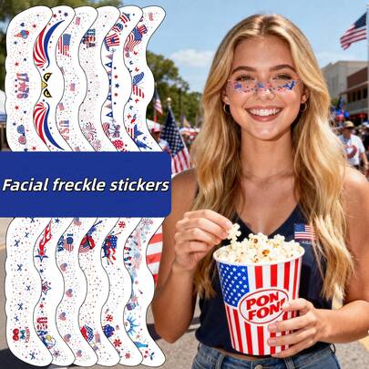 6pcs American Independence Day: Glitter Face Stickers | July 4th Red White Blue Flag Temporary Tattoos | Memorial Day, Labor Day And Independence Day Waterproof Sweat-Resistant Face Stickers | Suitable For Football Matches, Holiday Decorations, Parties, Parades And Performances