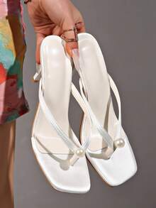 Sandal mùa hè tối giản đa năng mới dành cho nữ, sandal xỏ ngón gót thấp, gót trung bình đính sequin, gót mảnh. - trắng - Xem 5