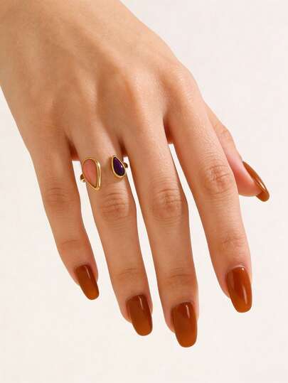 1pc 18K Gold Plated Stainless Steel Luxury Elegant Versatile Geometric Asymmetric Teardrop Adjustable Open Ring, Suitable For Women's Daily, Festival, Shopping, Vacation, Date Wear, Graceful Jewelry Gift