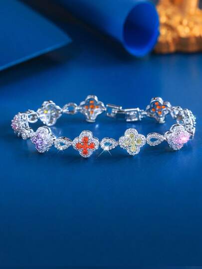 1 pieza Hermoso brazalete de cadena con forma de hoja plateada con circonita cúbica multicolor para mujeres, adecuado para compromiso, uso diario, accesorios de joyería para fiestas