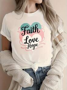 Women's 220g Heavyweight Round Neck T-Shirt In Pure Cotton – Inspirational Graphic Shirt With "Faith Love Hope" Heart Print And Multicolored Lettering, Casual, Year-Round Wearable White Top, Machine Washable, Comfortable Fit For Everyday Wear – For Women To Sleep In - White - View 6