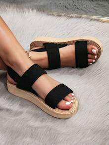 Sandal Platform Wanita Minimalis dengan Tali Elastis Anyaman - Hitam - View 6