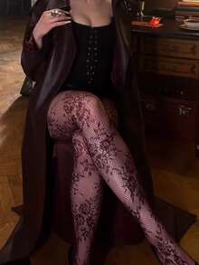 1双女士复古酒红色性感透明条纹渔网连裤袜，性感美腿袜 - 酒紅色 - 查看 5