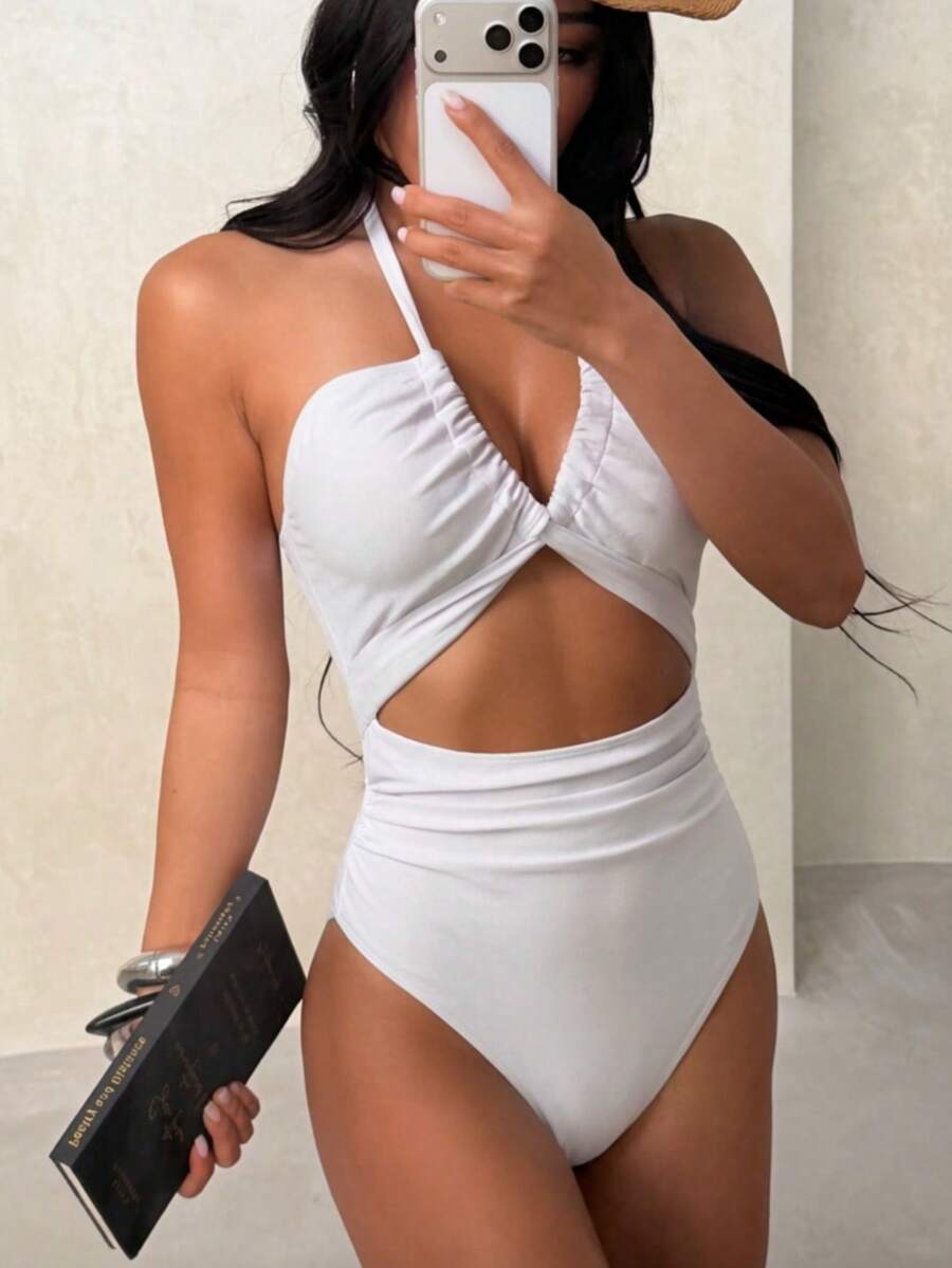 Women's Criss-Cross Halter Hollow-Out Backless Fitted Sexy Swimsuit For Beach & Resort - White - View 1