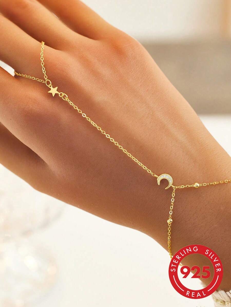 SYMFNY 1 pieza Anillo y pulsera de plata de ley 925 con combinación minimalista y elegante de estrella y luna con circonita cúbica - Amarillo Oro - Ver 1