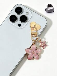 Rhinestone Flower Phone Charm, Phone Accessory. Sakura Shaped Keychain Made Of Alloy, Designed For Women. Can Be Used As A Bag Charm Or Car Keychain. Also An Ideal Gift For Couples, Birthdays, And Holidays. - Pink - View 2
