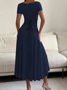 Elegante Vestido Casual Commuter Primavera/Verão Novo Vintage Francês de Alta Qualidade Elegante com Cintura Ajustada e Manga Curta em Malha Longa - Azul Marinho - Visão 4