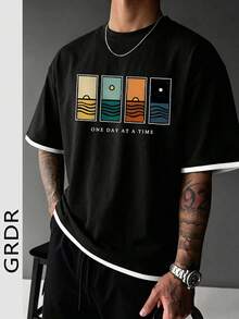 GRDR Men's Summer Classic 2 In 1 Round Neck Short Sleeve T-Shirt, Printed, Fashionable Minimalist Commuting Versatile - Black - View 3
