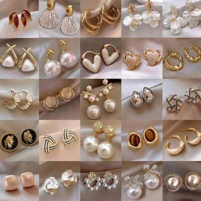 10 Pairs Luxury Rhinestone Alloy Stud Earrings, Elegant Mixed Styles Earring Set, Suitable For Party, Wedding, Daily Wear, Fashion Jewelry Gift, Random Delivery In OPP Bag Packaging