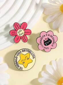 3pcs Inspirational Spanish Enamel Brooch Set, Motivational Flower & Star Pattern Badges, Fashion Accessories, Gift For Friends - Multicolor - View 4