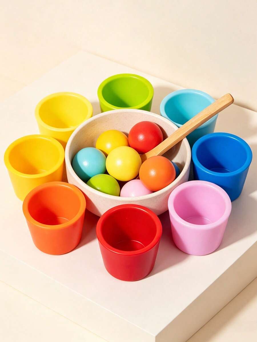 Rainbow Ball Cup Toy, Preschool Wooden Matching Game, Learning Color Sorting And Counting, Fine Motor Skills Early Education Toy, Random Color