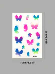 8pcs Dreamlike Colorful Butterfly & Floral Temporary Tattoo Stickers, Waterproof & Long-Lasting, Fresh Gradient Girl Style, Sweet & Romantic Atmosphere, Unisex For Wrist, Cheek Decoration, Mixed Designs With Fluorescent Effect - Multicolor - View 12