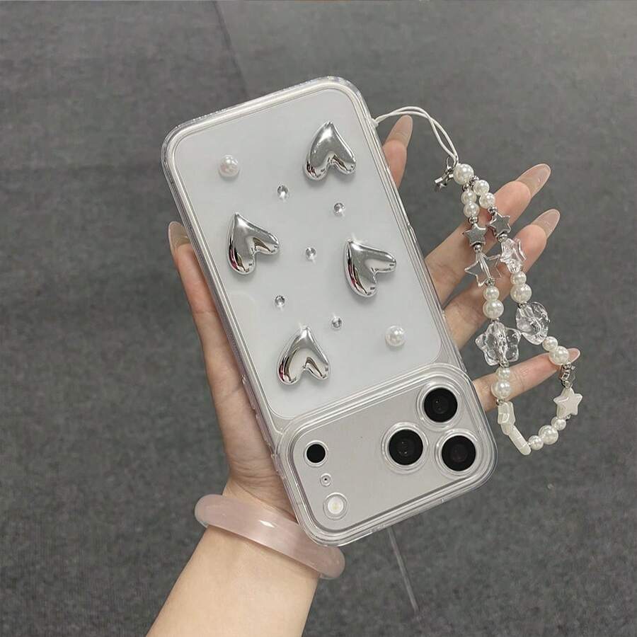 1 ốp lưng điện thoại trong suốt hình mắt thiên thần, phụ kiện vòng tay DIY thời trang hình trái tim bạc đính ngọc trai, kim cương và ngôi sao, chống rơi vỡ, tương thích với dòng 17Pro/16/15/14/13/12/11/OPPO A16K/ S25/S24/S23/A14/A15/A16 - Trong sáng - Xem 1