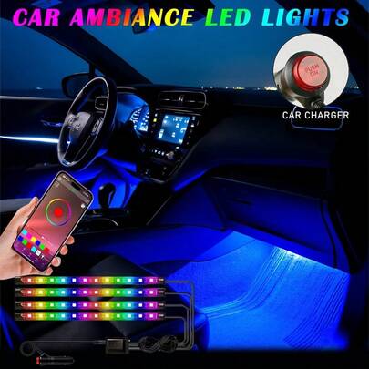 1 set di 4 strisce LED per interni auto con controllo tramite app Neon – 48 colori di strisce LED motorizzate per illuminazione sotto il cruscotto, sincronizzazione con la musica e decorazioni per San Valentino/Natale. Illuminazione interna a LED senza batterie per auto.