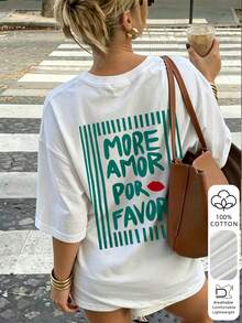 女士休闲短袖T恤，复古绿条纹“MORE AMOR POR FAVOR”字母和红唇印花，宽松落肩设计，100%纯棉透气舒适，法式复古可爱酷炫风格，适合日常、咖啡馆、女生约会、音乐节、夏季派对、春夏新款多巴胺风白色 - 白色 - 查看 5