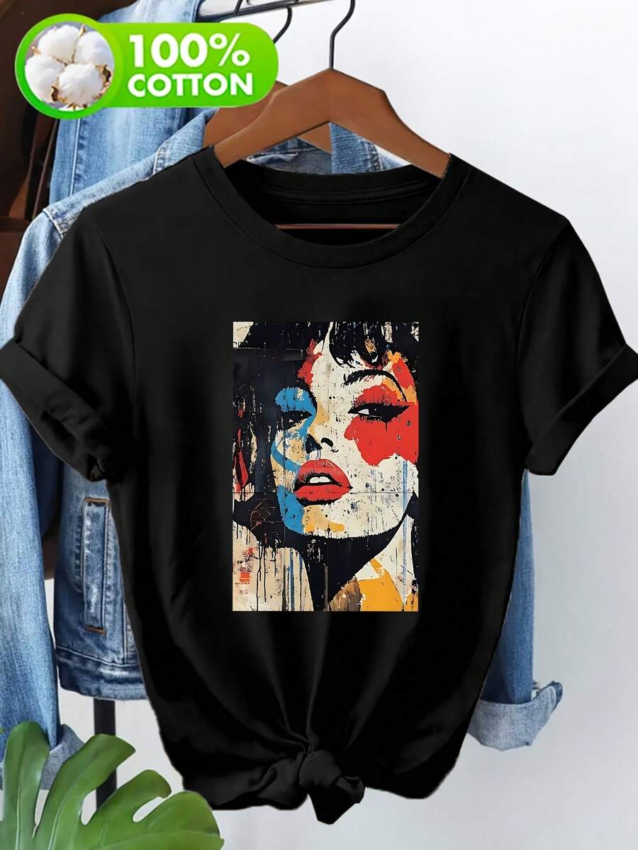 Damtoppar 2026 100% Outdoor T-shirt med tryck, Dam kortärmad T-shirt, Konstnärligt porträttmönster tryckt avslappnad T-shirt sommaroutfit kvinnor - Svart - Visa 1