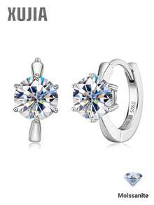 XUJIA 1 Đôi bông tai Huggie đính đá Moissanite tròn 2.0cttw lấp lánh, 6 chấu, bạc Sterling 925, D VVS1, trang sức cho nữ, đeo hàng ngày & làm quà tặng - Bạc - Xem 1