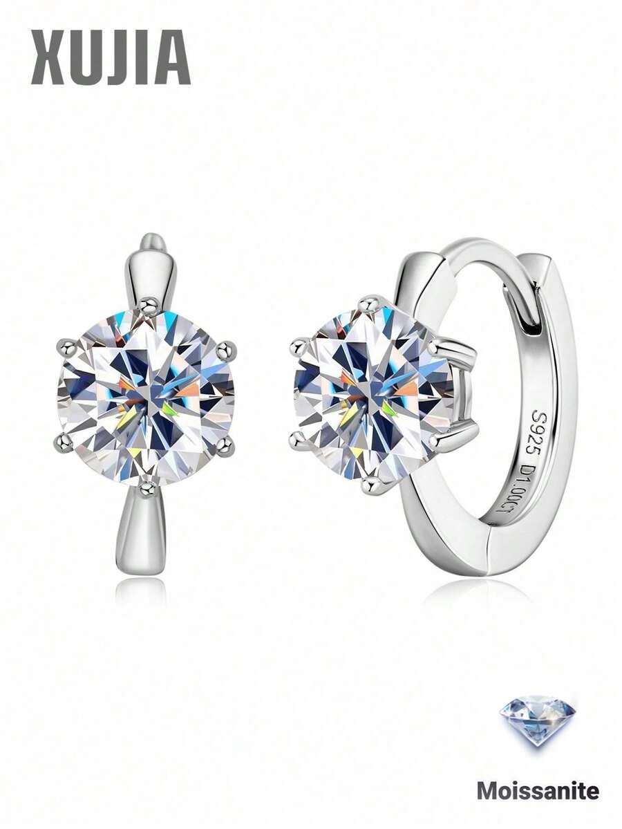 XUJIA 1 Đôi bông tai Huggie đính đá Moissanite tròn 2.0cttw lấp lánh, 6 chấu, bạc Sterling 925, D VVS1, trang sức cho nữ, đeo hàng ngày & làm quà tặng - Bạc - Xem 1