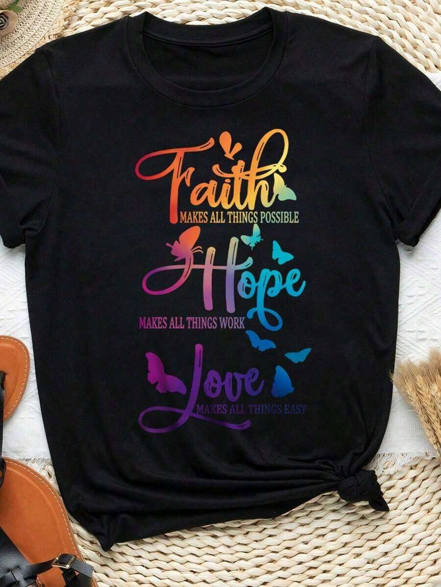 Plus Size Women's Short-Sleeved T-Shirt With A Round Neck And Butterfly Print. Graphic That Reads: "Faith Makes Everything Possible, Hope Makes Everything Work, Love Makes Everything Easy." Graphic Blouses For Women. - 黑色 - 查看 1