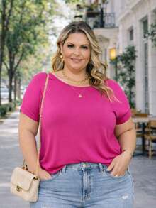 Plus Size Plain Blouse, Casual, Modern, Basic, Current, Contemporary, Viscose/Lycra, For Everyday Work. - Fucsia - Ver 1
