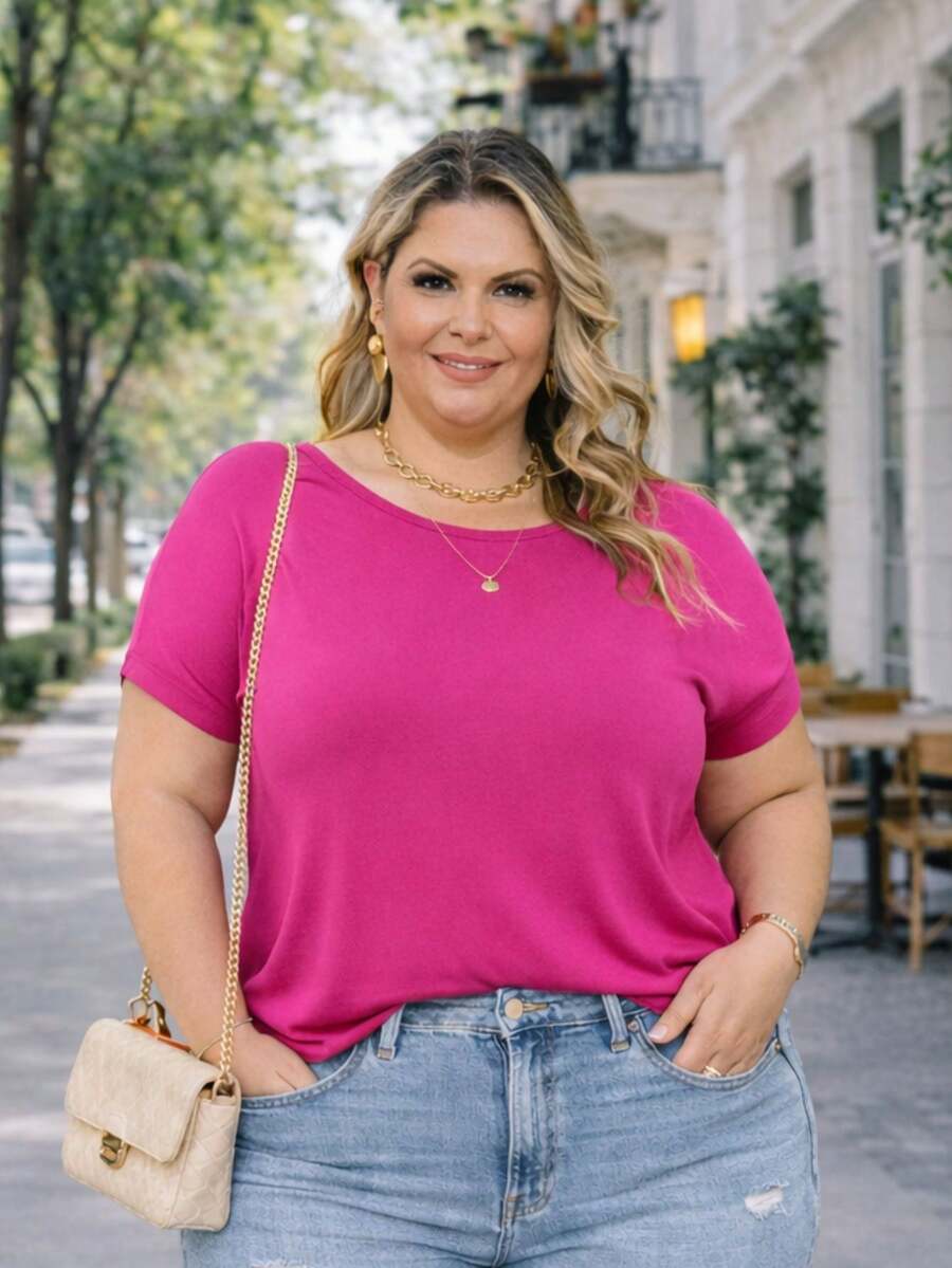 Plus Size Plain Blouse, Casual, Modern, Basic, Current, Contemporary, Viscose/Lycra, For Everyday Work. - Fucsia - Ver 1