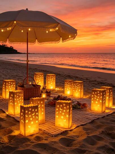 20 piezas/Set Bolsas de Farolillos, incluye velas sin llama, luces LED tipo té y bolsas de papel para farolillos, bolsas de farolillos especiales decoradas con patrones de estrellas y lunas, hechas de material retardante de llama duradero y reutilizable, adecuado para decoración de fiestas, bodas, San Valentín, decoración de jardín al aire libre.