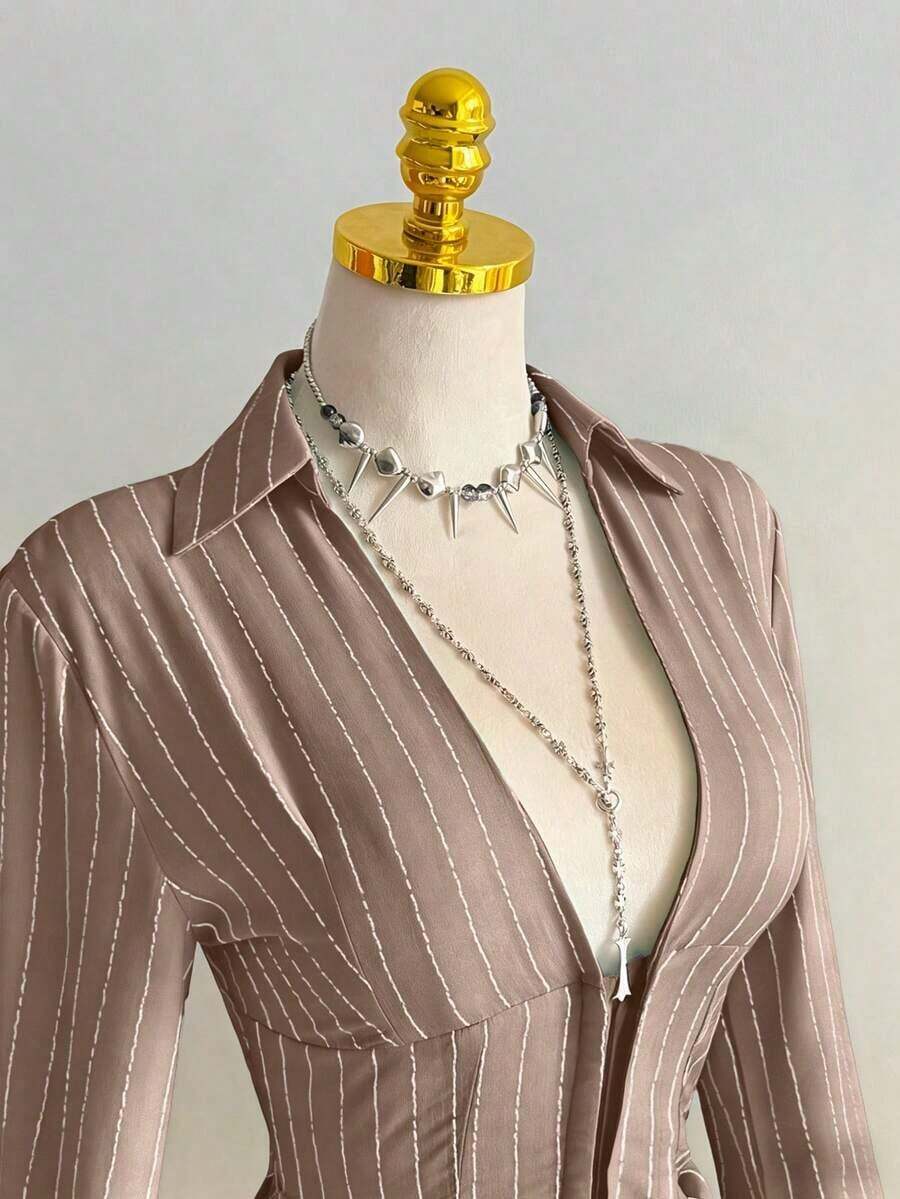 1pc Black V-Neck Striped Collar Slim Fit Button-Up Long Sleeve Sexy Blouse For Commute & Daily Wear, Winter - 駝色 - 查看 1