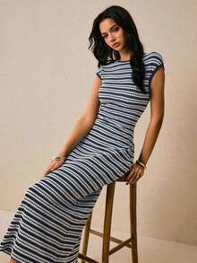 Vestido ajustado de mujer con rayas de moda, de verano - Azul y blanco - Ver 6