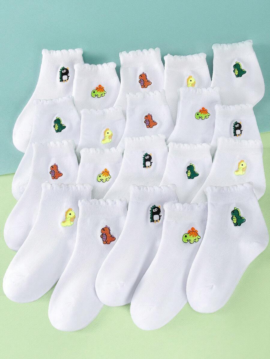 5 paquetes de calcetines bordados con lindos dibujos animados de dinosaurios, adecuados para todas las estaciones, con dobladillo con volantes, adecuados tanto para niños como para niñas, perfectos para uso diario. - Multicolor - Ver 1